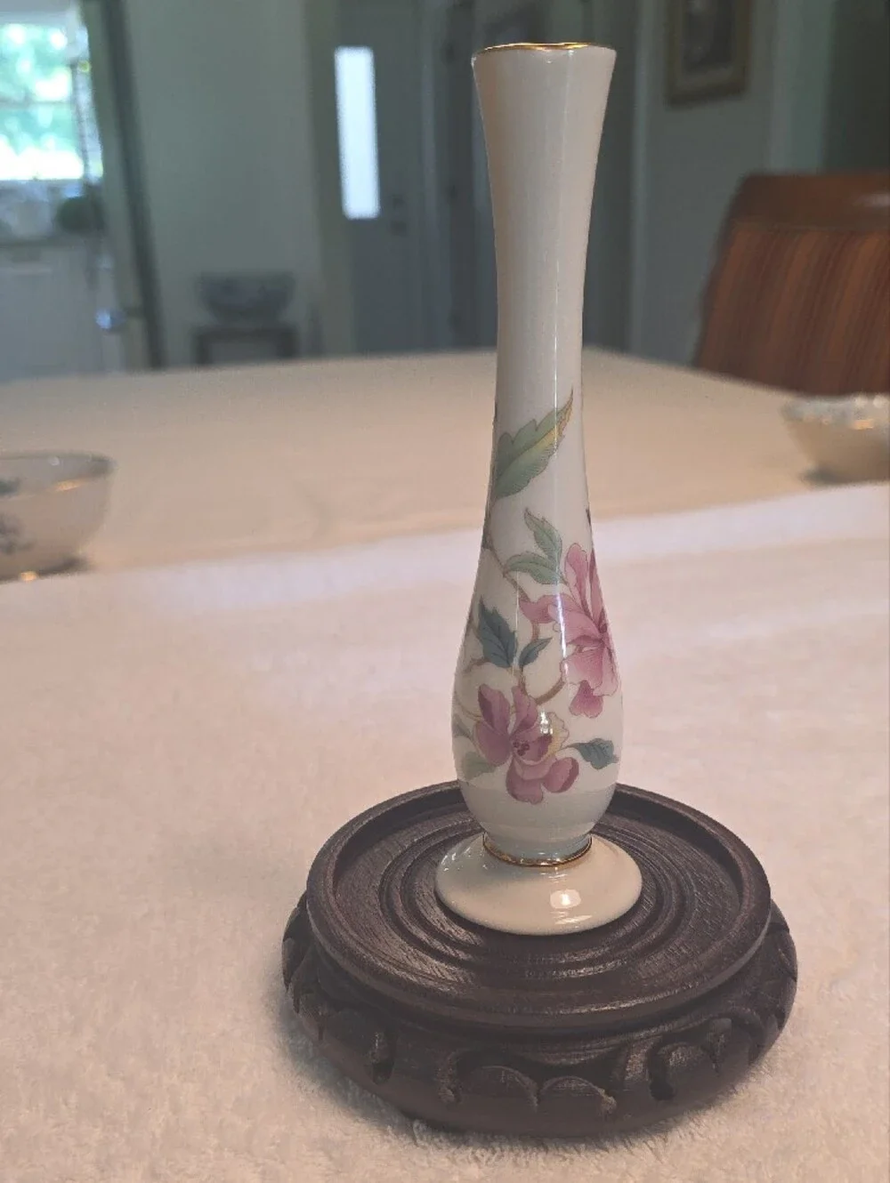Lenox Porcelain Bud Vase with Pink Floral Design and Gold Trim